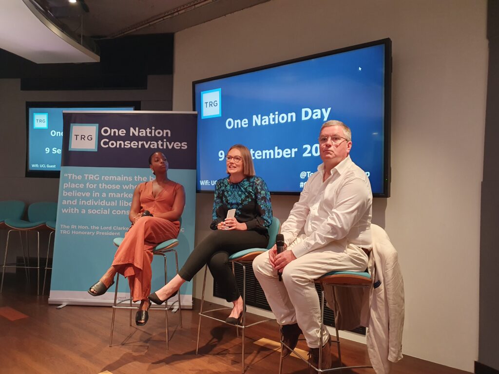 Panel 1 at the TRG's One Nation Day on 9 September - chair Eleanor Wills, with panellists Robert Buckland and Natalie Campbell