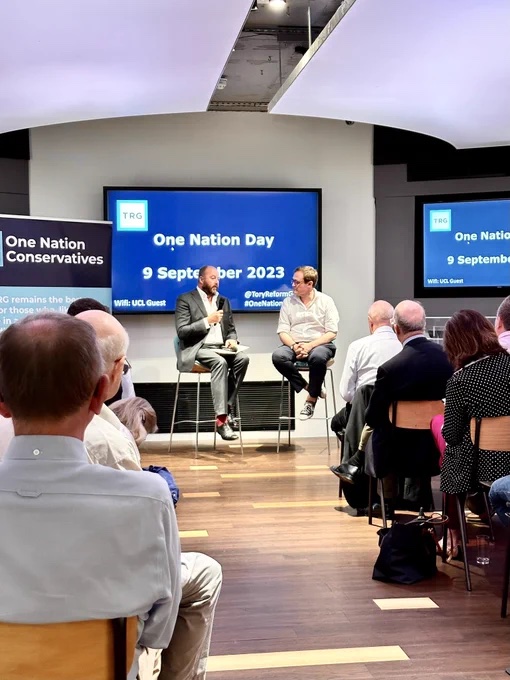 Tom Tugendhat in conversation with Nick Timothy at the TRG's One Nation Day on 9 September 2023